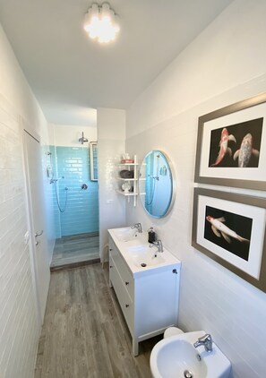 Regadera, secadora de cabello, bidet, toallas 