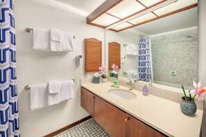 Combined shower/bathtub, hair dryer, towels