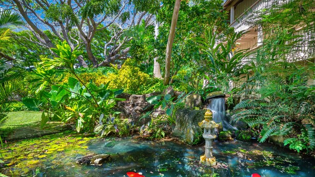 A lush garden with a pond, koi fish, and a waterfall.