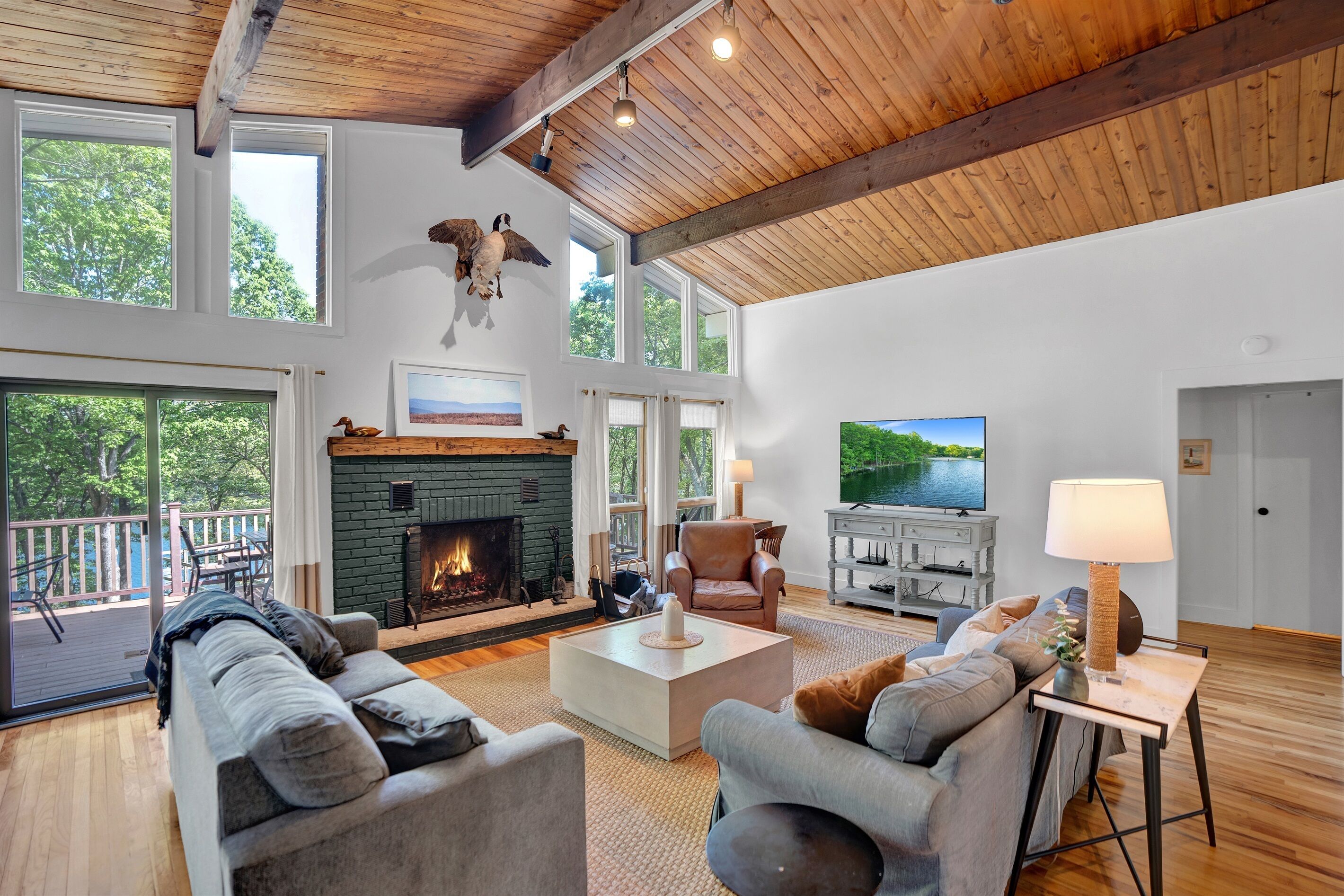 Een smart-tv, een open haard, een videogameconsole en een dvd-speler