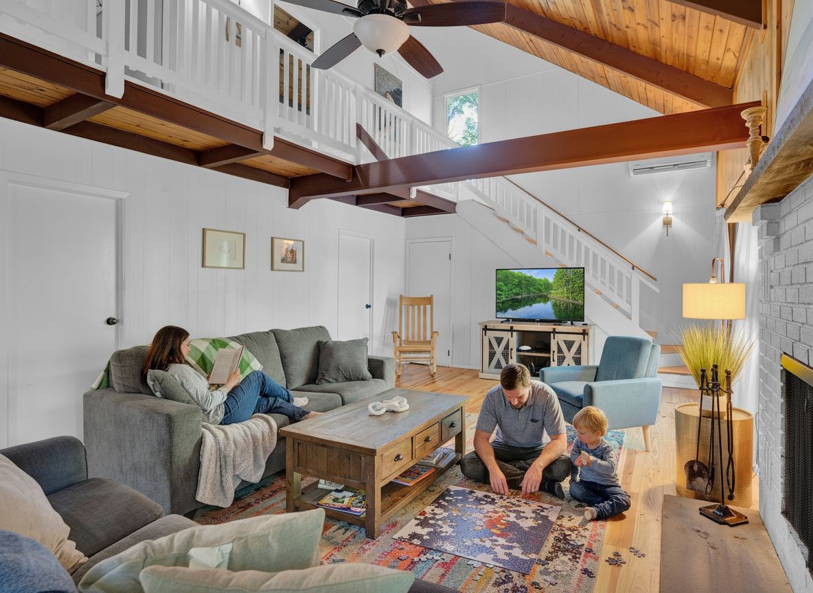 Un salón comedor amplio con escalera, televisor y chimenea.