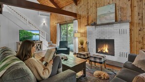 Un salon chaleureux avec une cheminée, un téléviseur et un chien qui se repose sur le sol.