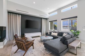 TV, fireplace, ping pong, books