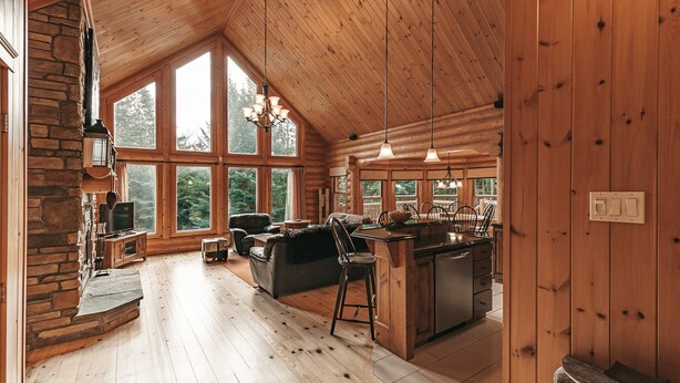 A spacious log cabin interior with a stone fireplace, large windows, a cozy living area, and a kitchen with a bar.