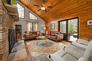 Smart TV, fireplace, books