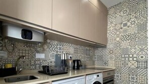 A compact kitchen with a washing machine, a sink, and a coffee maker. - Friendly House (Lagos)
