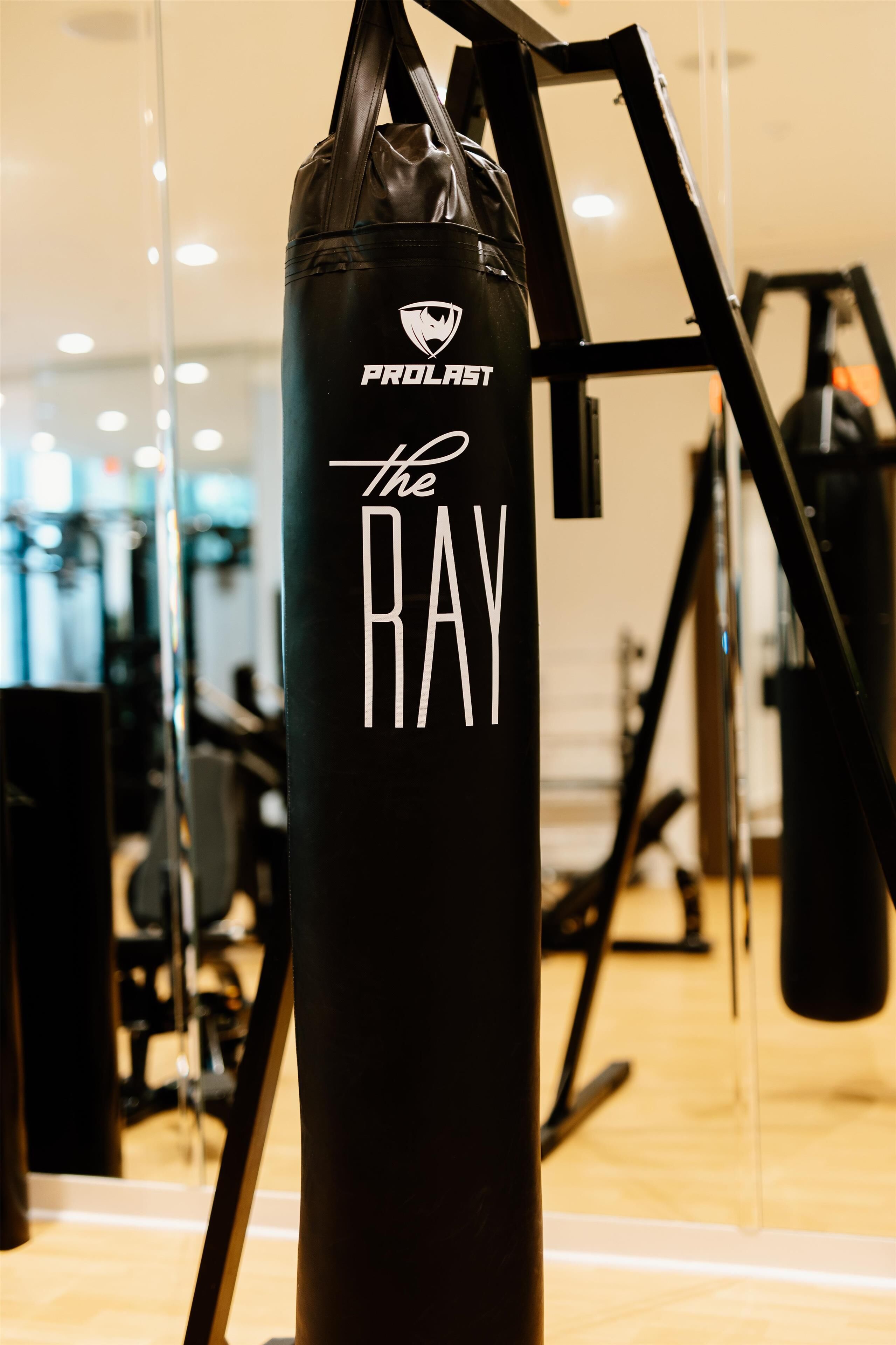 Un sac de frappe noir portant l’inscription « PROLAST The RAY », dans une salle de sport où l’on aperçoit en arrière-plan du matériel d’exercice.