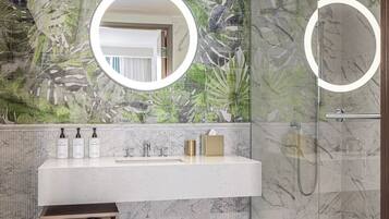 Hair dryer, bathrobes, towels