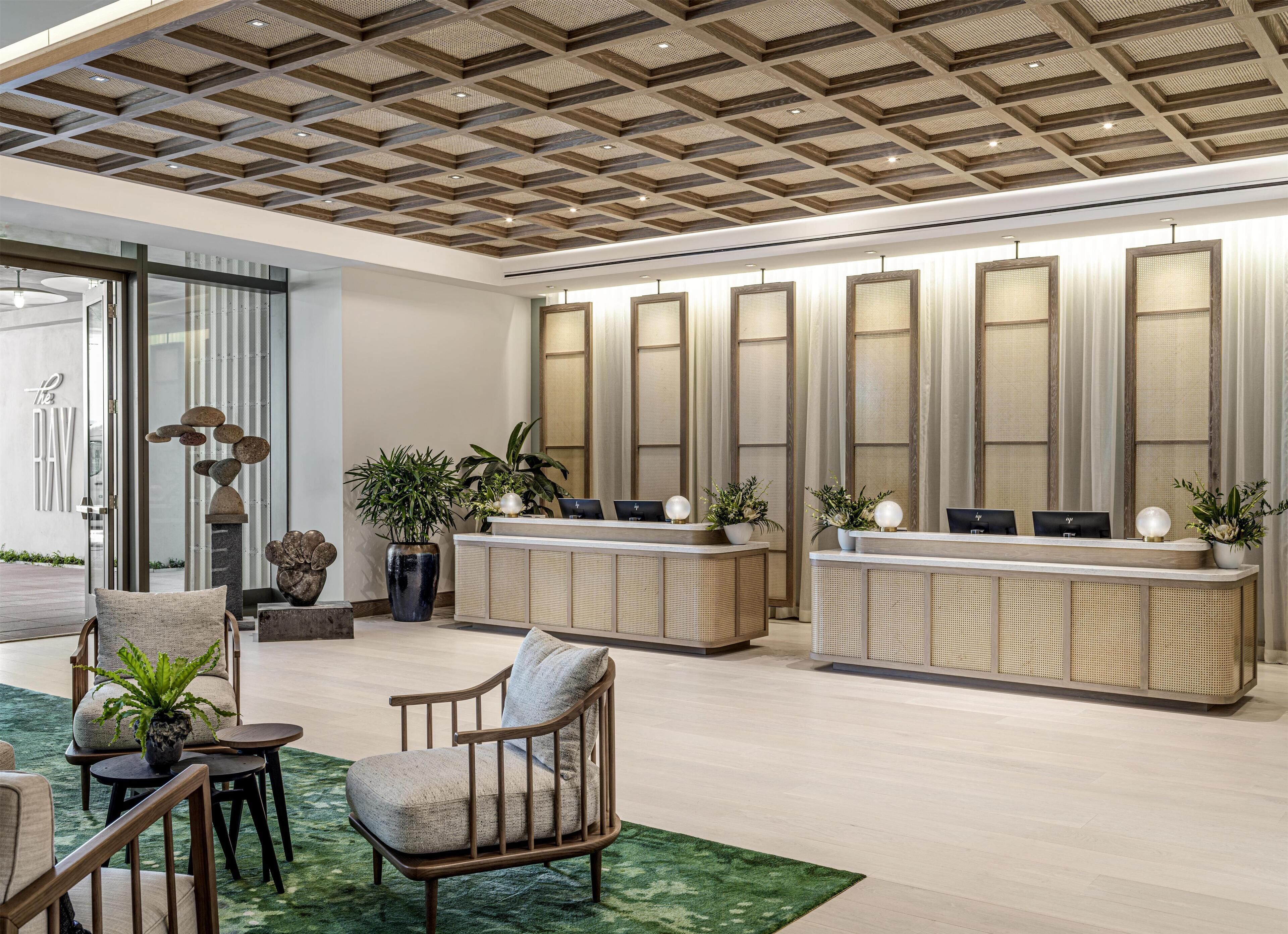 A modern reception area with a wooden ceiling, a reception desk, seating, and decorative plants.