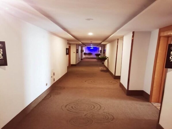 Un pasillo de hotel con piso alfombrado, paredes blancas y puertas a ambos lados.