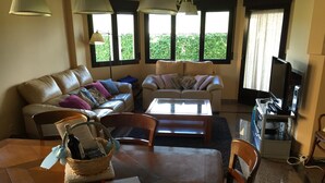 A living room with two sofas, a coffee table, and a TV stand.