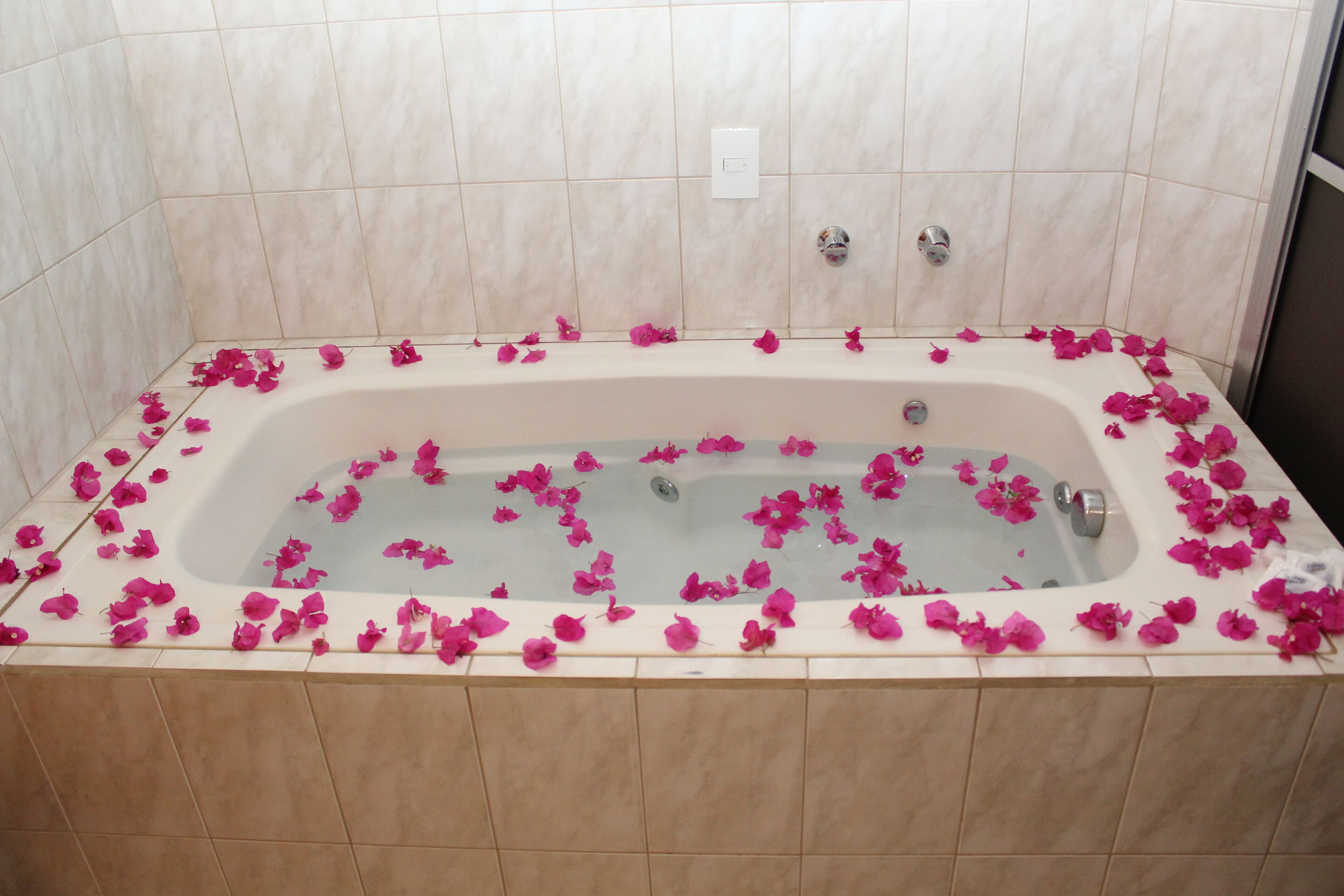 Una bañera llena de pétalos de rosa.