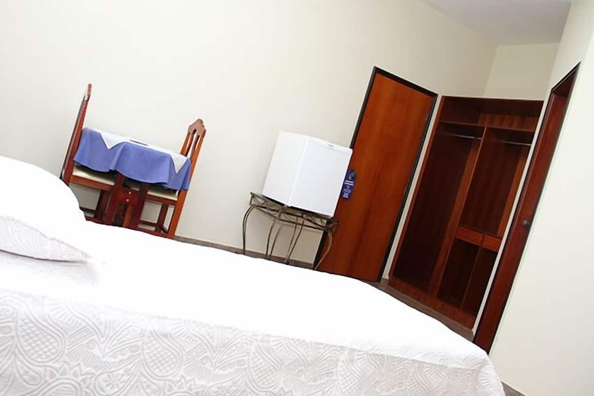Un dormitorio con cama, escritorio con silla, televisor y armario.