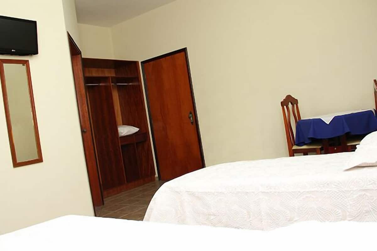Un dormitorio con una cama, un armario de madera, un espejo y un televisor en la pared.