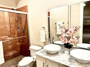 Shower, hair dryer, towels, soap