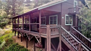 A wooden cabin with a porch and a staircase leading to the main entrance.