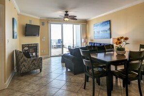 Smart TV, fireplace, DVD player, books