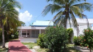 A building with a white exterior and a blue roof, surrounded by palm trees and a red pathway. - Casa Vacacional San Andres (San Andrés)