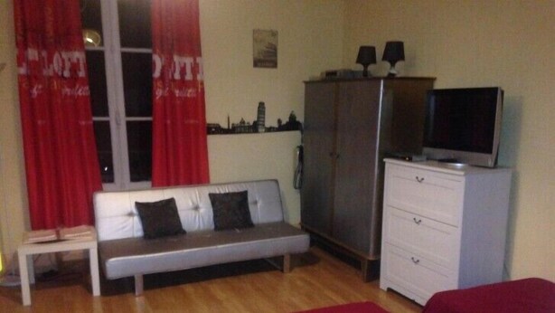 A room with a sofa, a television on a cabinet, and a red bedspread. - Large studio located opposite the spa park. (Vittel)