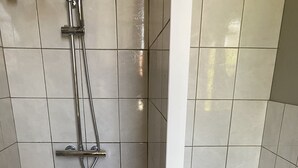 A bathroom with a shower, toilet, and a radiator. - Large studio located opposite the spa park. (Vittel)