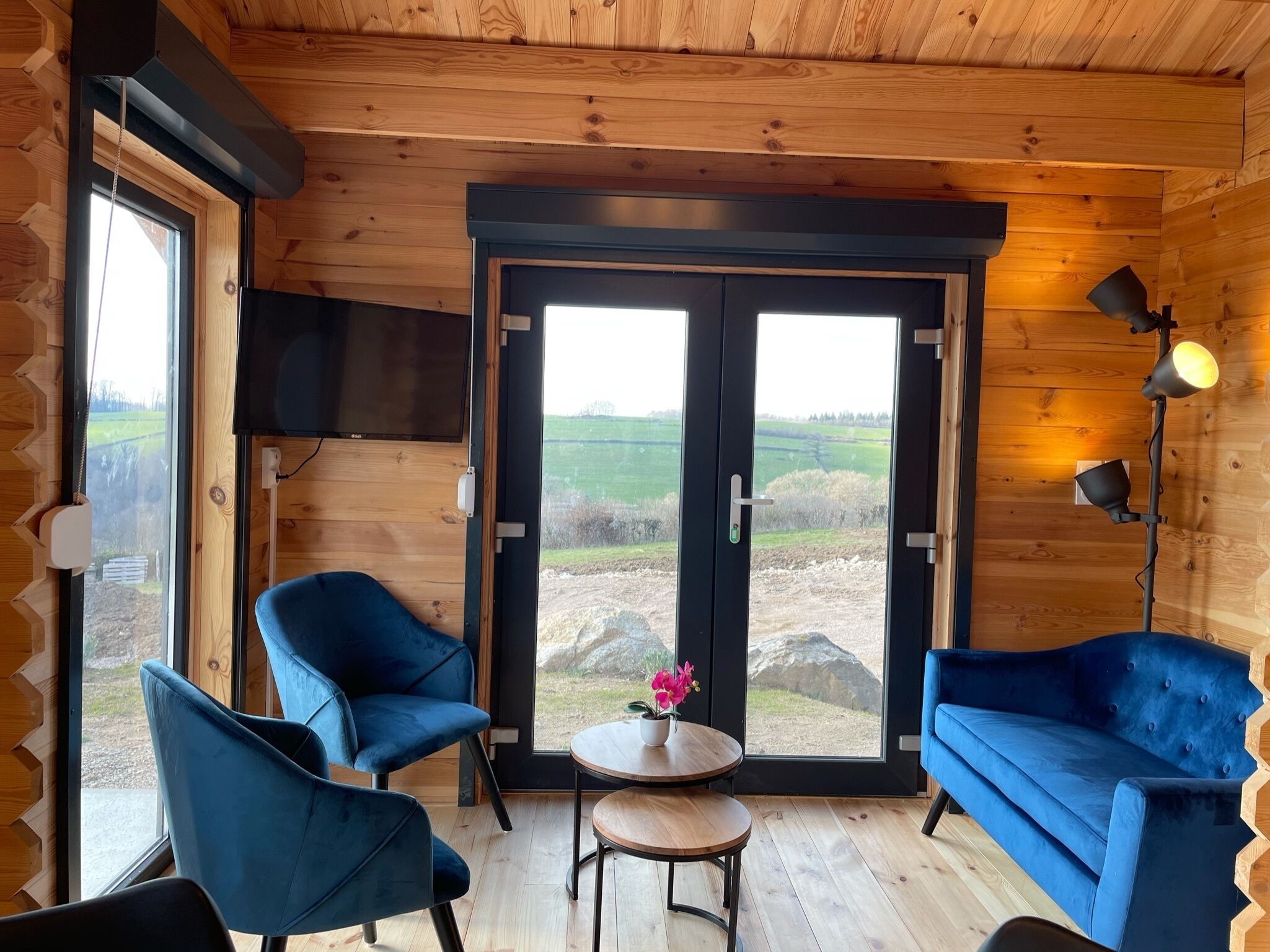 A cozy room with wooden walls, a blue sofa, a blue armchair, and a small table with a flower.