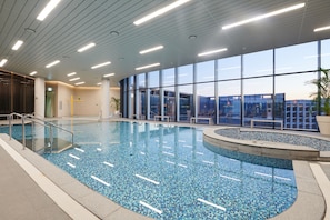 Indoor pool, open 7:30 AM to 9:30 PM, pool loungers