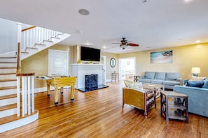 TV, DVD player, foosball