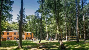 Un parc avec des arbres, un hamac et des jeux pour enfants.