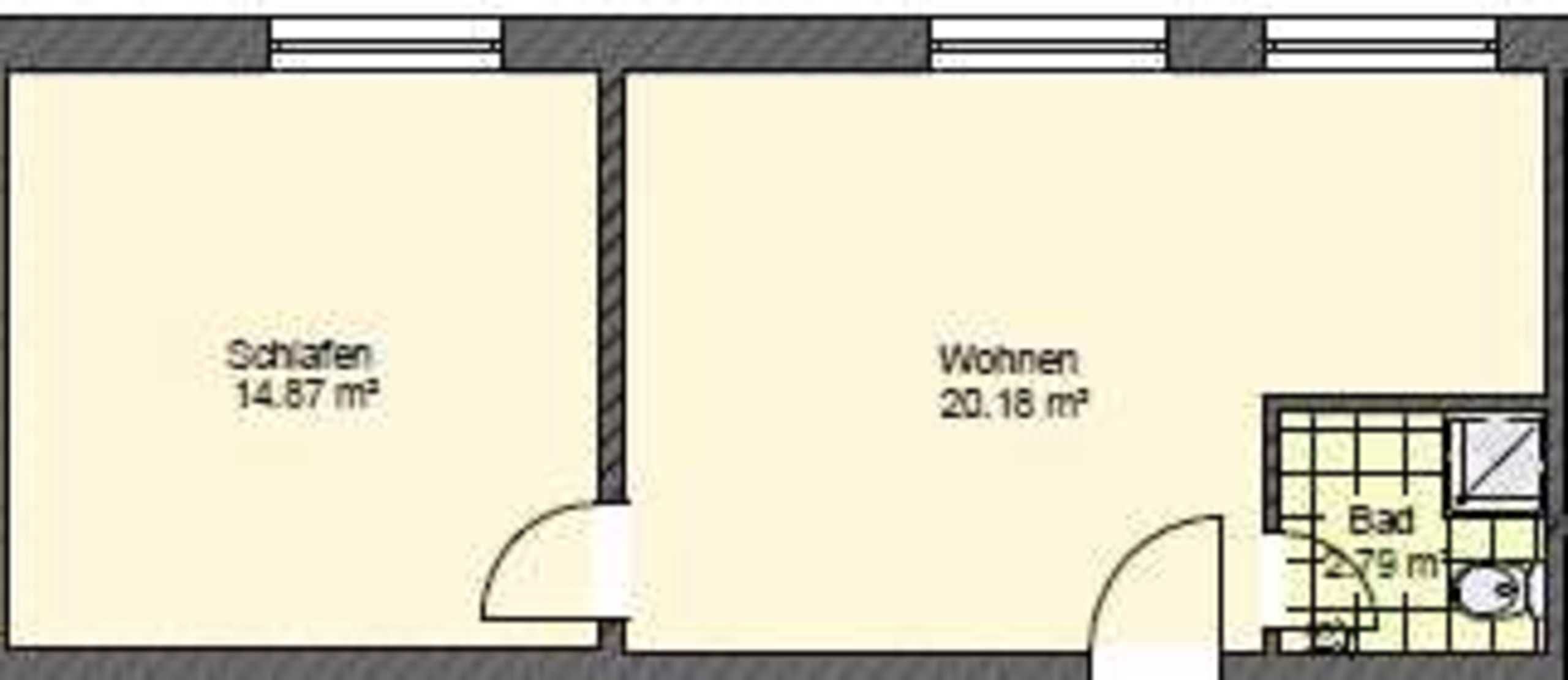 Un plan d’étage comprenant deux pièces : une chambre (20,18 m²) et une salle de bain (14,87 m²).