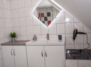 Shower, hair dryer, towels