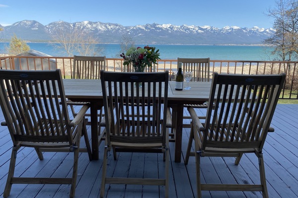 Deck with Mission Mountain views. Lakeside dining space.