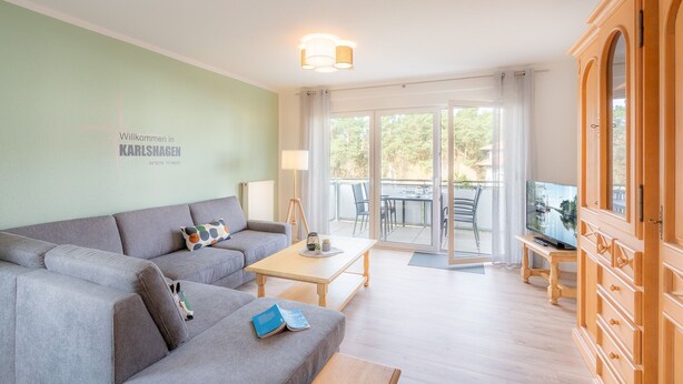 Un salon moderne avec un canapé, une table basse et un meuble pour la télévision. Une porte-fenêtre coulissante donne accès à un espace extérieur.
