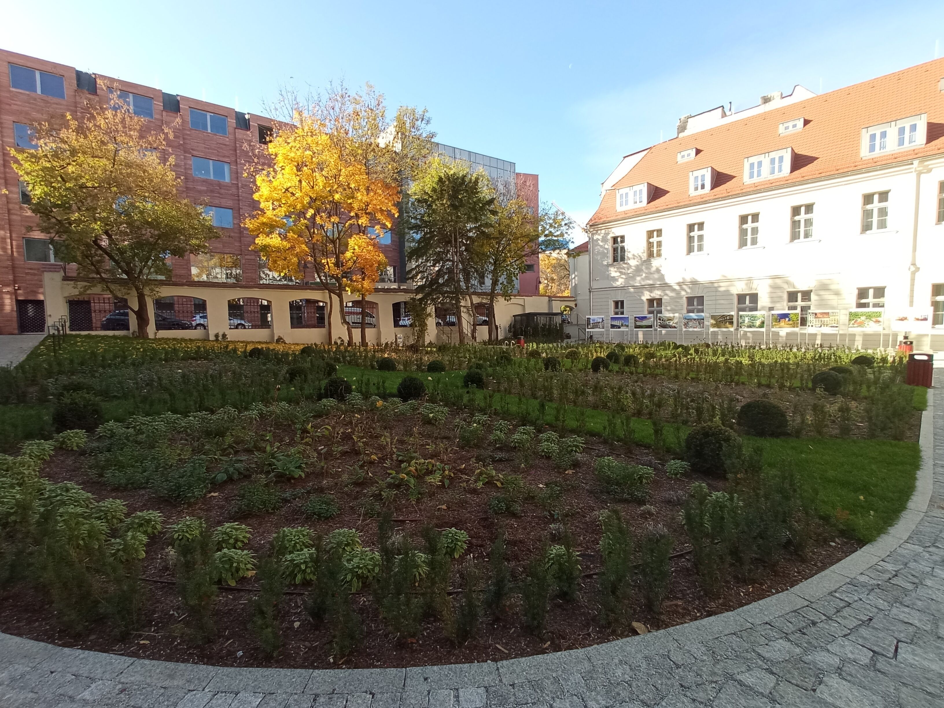A courtyard with a variety of plants and trees, surrounded by buildings with different architectural styles.