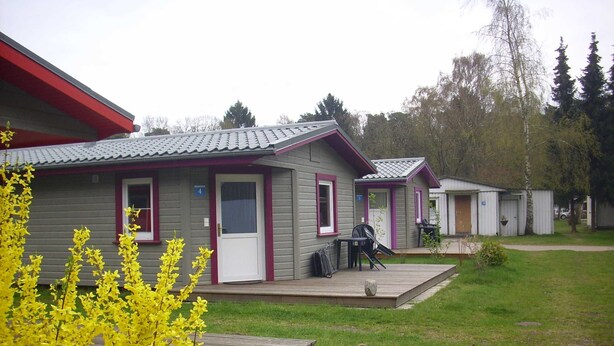 A row of small, single-story cabins with individual porches, numbered doors, and a grassy yard. - Ferienhaus L 04 - Ferienhaus 4 (Trassenheide)