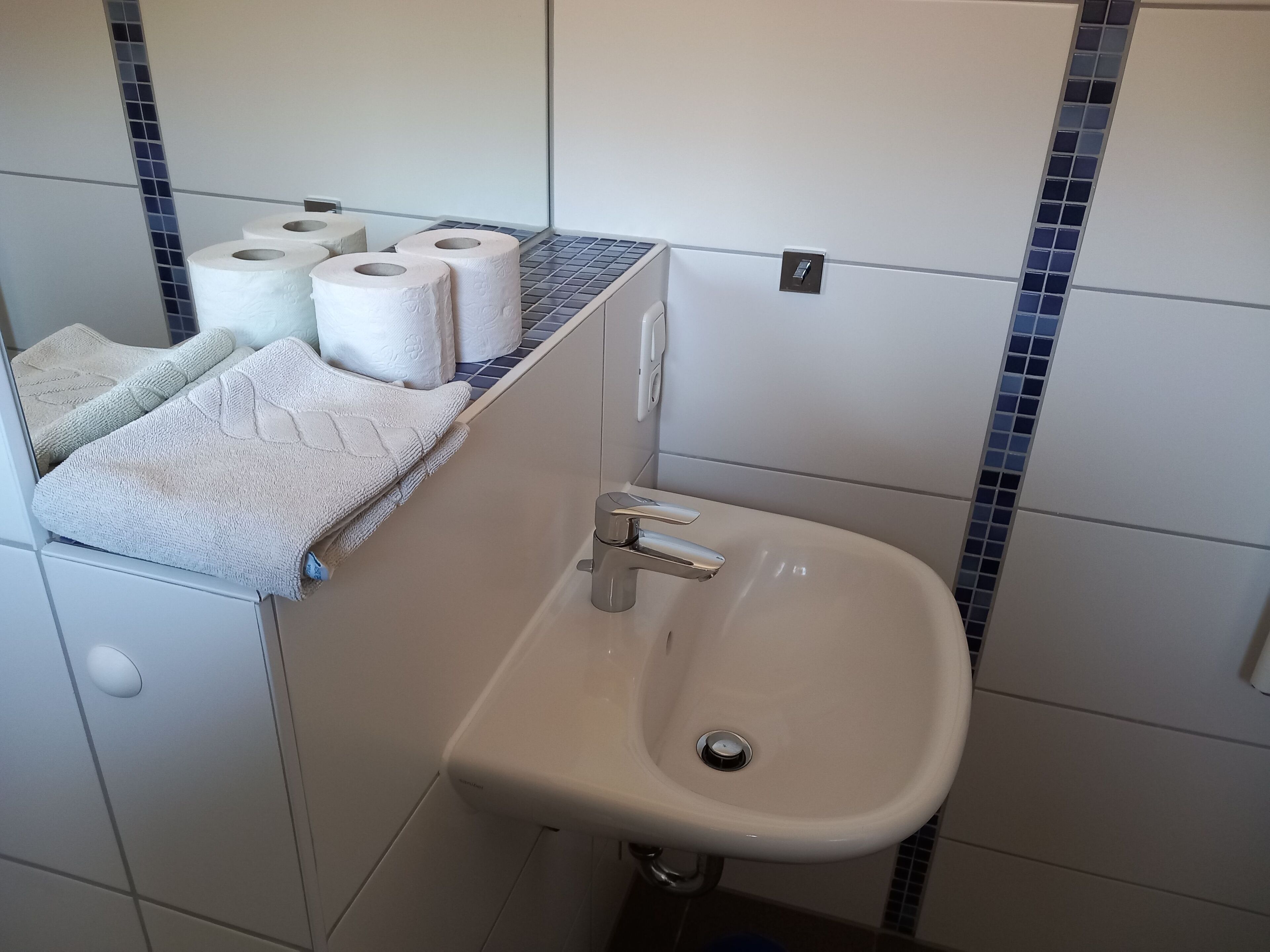 Ein Badezimmer mit Waschbecken, Toilettenpapier und Handtüchern.