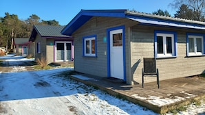 A row of cabins with wooden exteriors and blue trim, featuring a small porch and a door with a window.