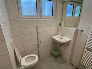Een kleine badkamer met toilet, wastafel en raam.
