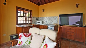 Una sala de estar acogedora con un sofá, un televisor y una zona de cocina con microondas y armarios.