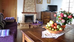 A cozy living room with a stone fireplace, a television, and a fruit bowl on a wooden table.