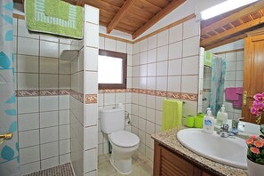 Ein Badezimmer mit Toilette, Waschbecken und Dusche.
