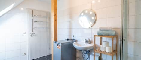 Shower, hair dryer, towels, soap