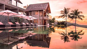 Outdoor pool, pool umbrellas, pool loungers