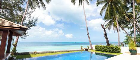 Outdoor pool, pool umbrellas, pool loungers