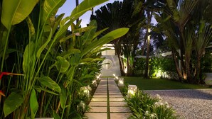 A pathway lined with tropical plants leading to a modern building with a circular window. - Ban Suriya (Koh Samui)