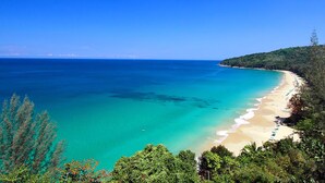 Eine Küstenlandschaft mit blauem Meer, Sandstrand und bewaldetem Hügel.