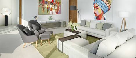 A modern living room with a sofa, armchairs, a coffee table, and a painting on the wall.