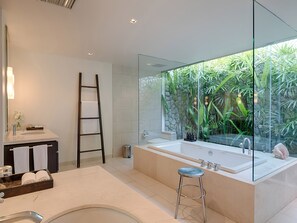 Villa Ananda | Bathroom | Separate tub and shower, deep soaking tub, rainfall showerhead