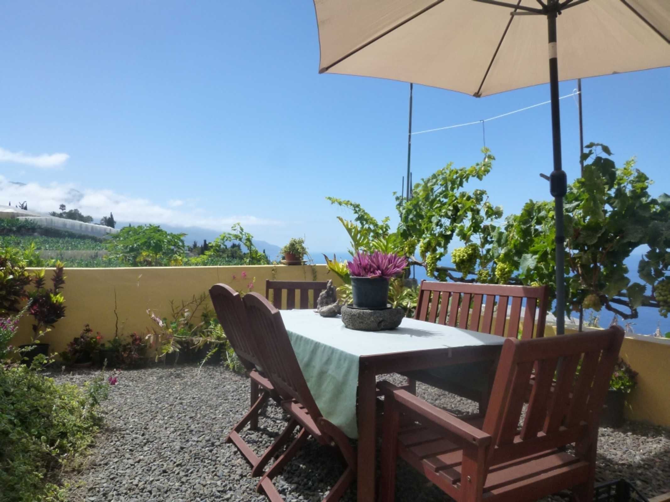 Eine Terrasse im Freien mit Tisch und Stühlen, einem Blumentopf und Blick auf das Meer.