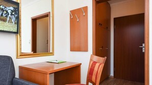 A room with a wooden desk, a chair, a couch, a mirror, and a wardrobe.
