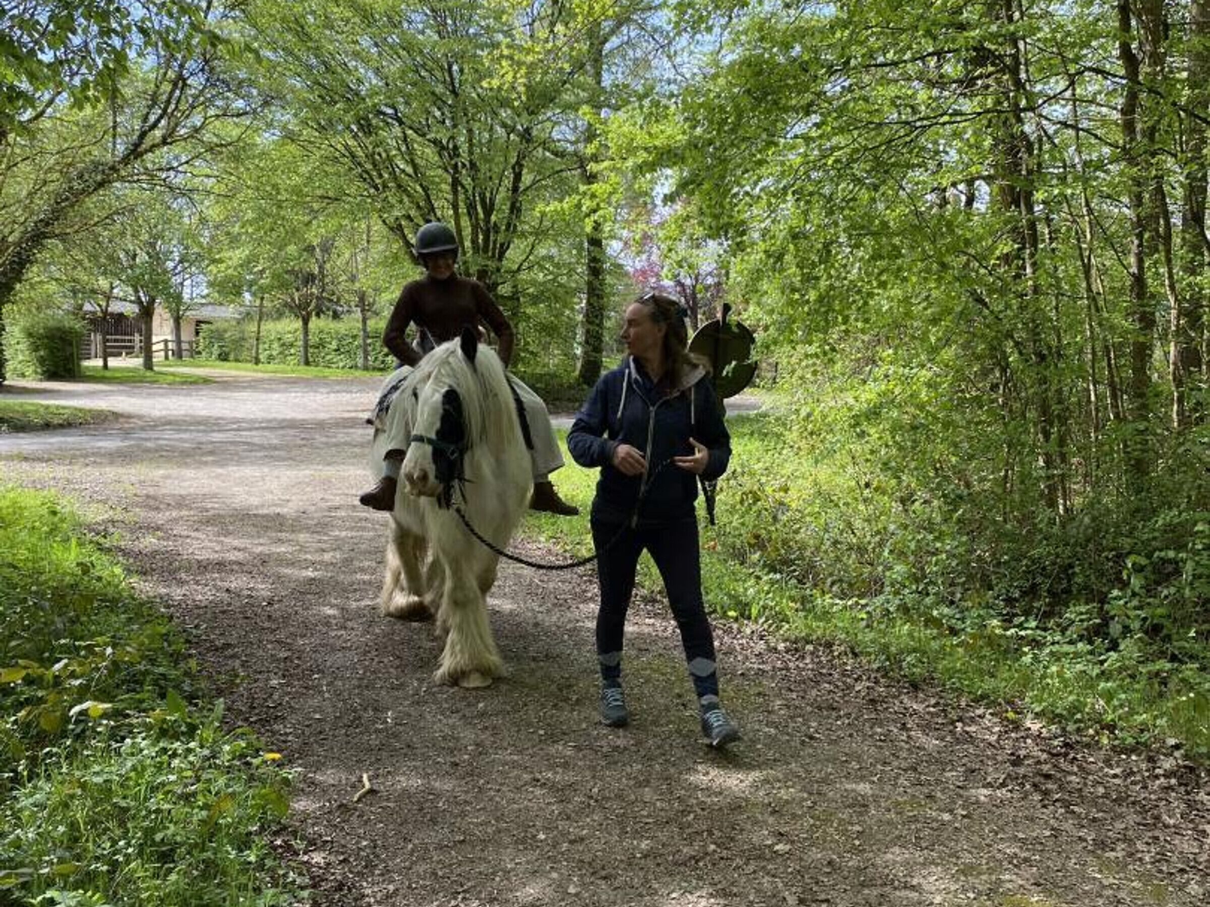 A dirt path in a wooded area with a white horse and a person leading it.